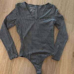 Everlane Bodysuit Women Black Thong Long Sleeve V Neck Striped